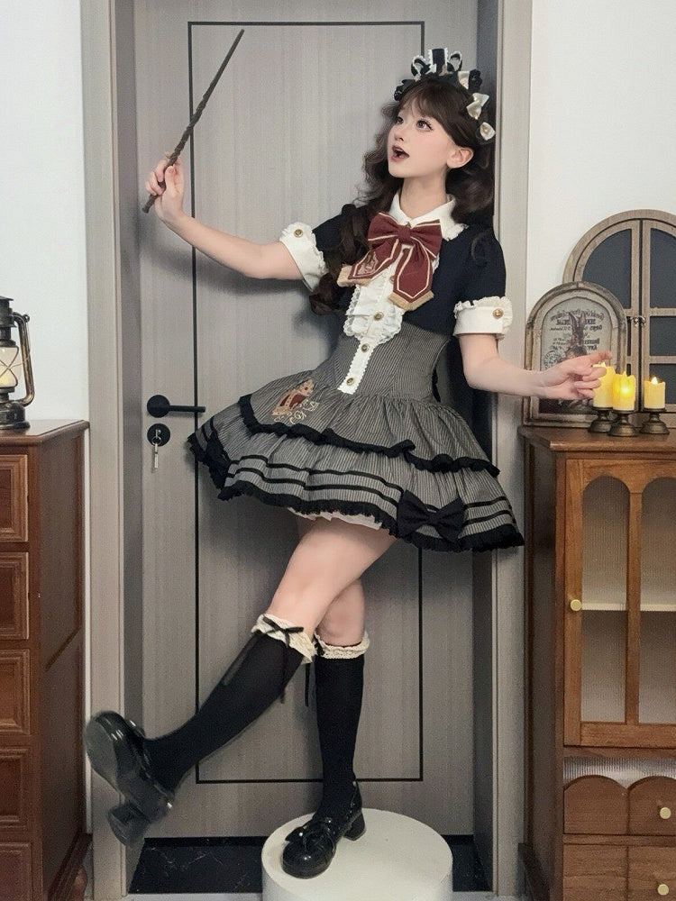 Monochrome Preppy Striped Two-Piece Gown with Crown Embroidery - Fairy Faith