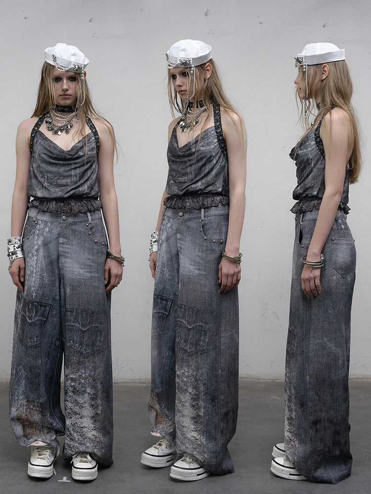 Punk Cowl Glamorous Neck Rüschen Trim Top Ödland Ausschnitt Halter Blau