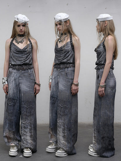 Punk Cowl Glamorous Neck Rüschen Trim Top Ödland Ausschnitt Halter Blau