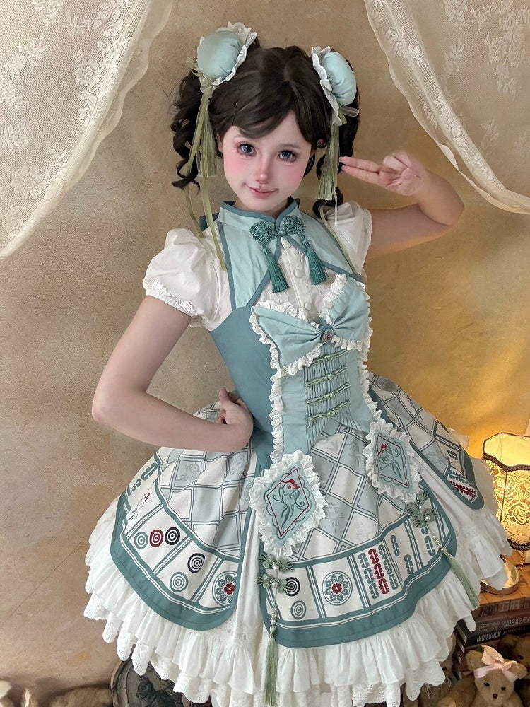 Mahjong-Themed Halter Top & Skirt Set in White & Green with Tassels - Maiden Portal