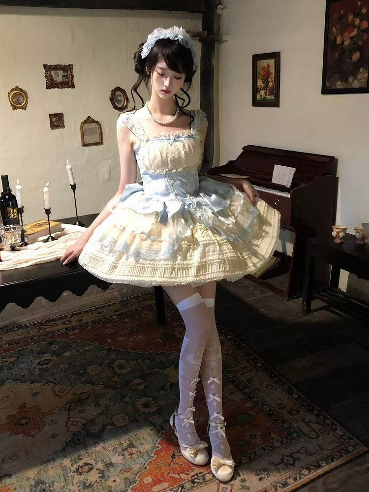 Sweet Blue & Beige Lace-Up Lolita JSK Dress with Lace Trim - Flying ear rabbit