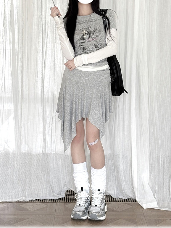 Grau Cartoon Top/Asymmetrische Zwei-stück Kapuze Saum Rock Mädchen Druck Faux