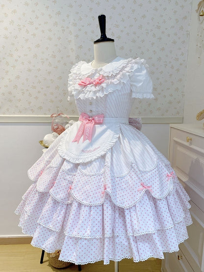 Lolita Jumper School White Pattern Pink Skirt Dress Polka Dots Old Stripes and