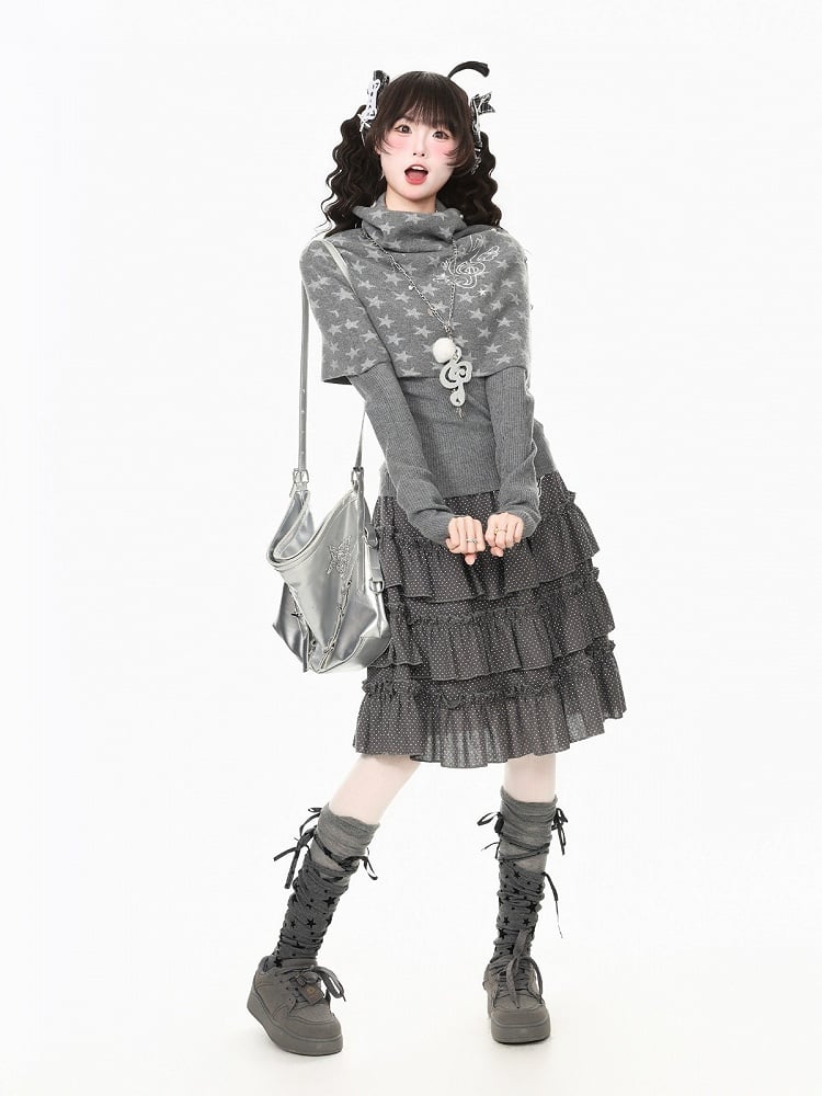 Gray Kawaii Fall Two Piece Cape Music Note Star Pattern Top - Languid Park