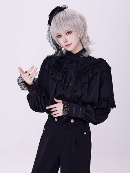 Lace Trim Cape Shirt with Detachable Collar in All-Black Elegance - DevilInspired Exclusive Collection