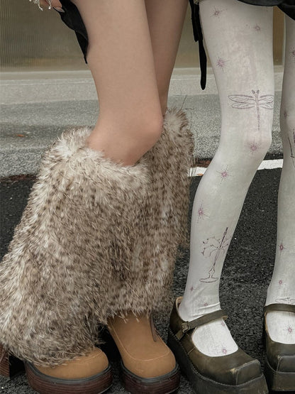 Weiß/Grau/Kaffee Y2K Shaggy Beinwärmer