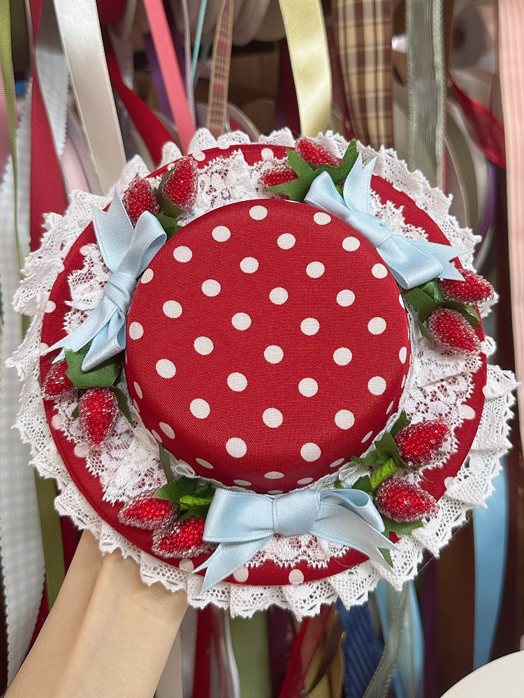Hat Strawberry Lolita Polka-dot Sweet Mini Lace Bow Red