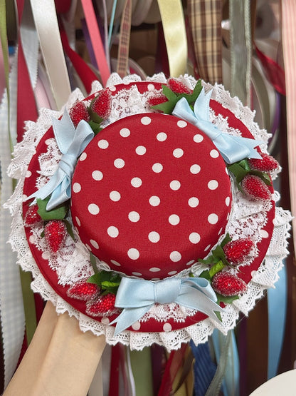 Hat Strawberry Lolita Polka-dot Sweet Mini Lace Bow Red