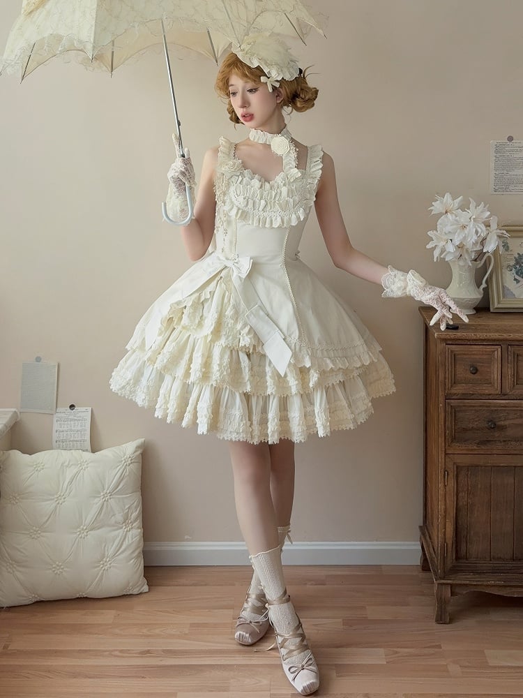 Jumper Slim Lolita Beige Fit Tiered Waist Elegant Skirt