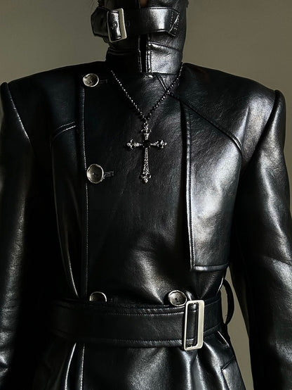 Coat Front with Button PU Dual-Wear Black Design Waist Ouji Set Belt