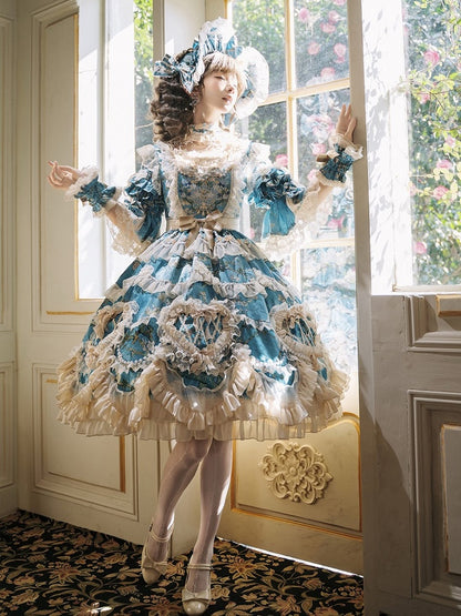 Floral Blue Edge with Hem Lolita Dress Print Scalloped Hime Lace