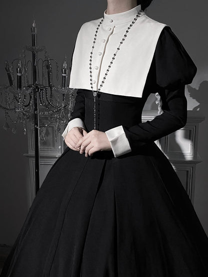 Lolita Nun Waist and Juliette Slim Maxi Sleeves Black Dress White