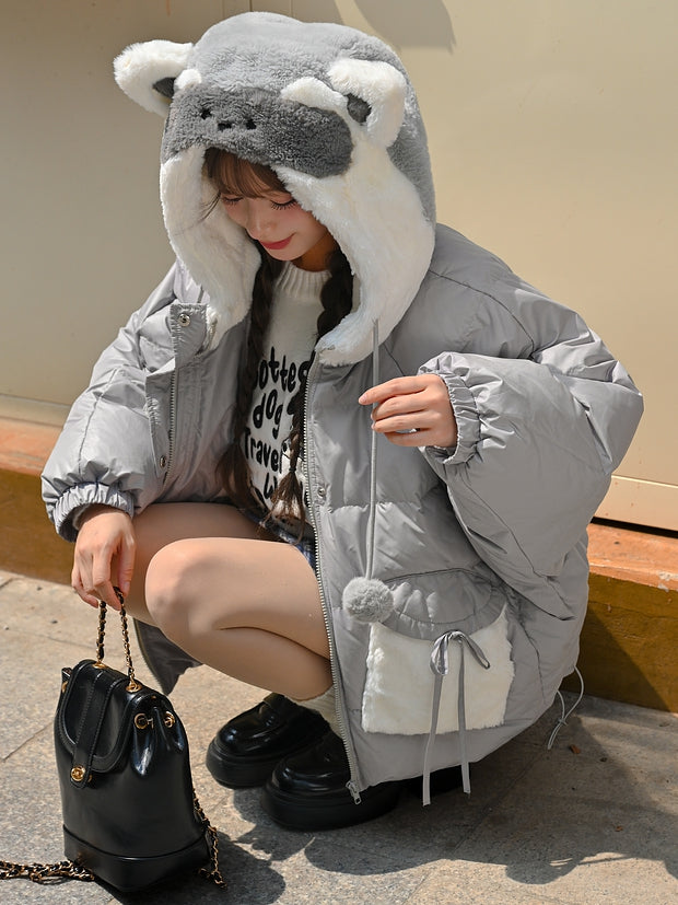 Cute Raccoon Plush Hood Grey Hooded Down Jacket