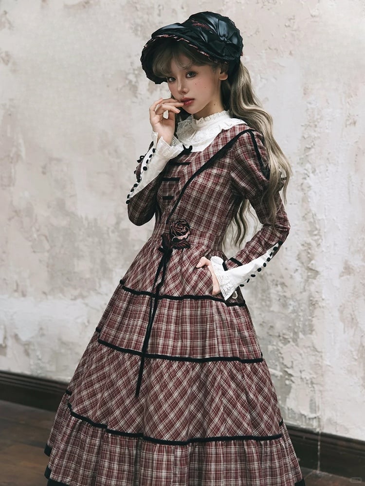Neckline with Lace Black Long Classic Plaid Sleeves Lolita Dress Elegant Red and Piping