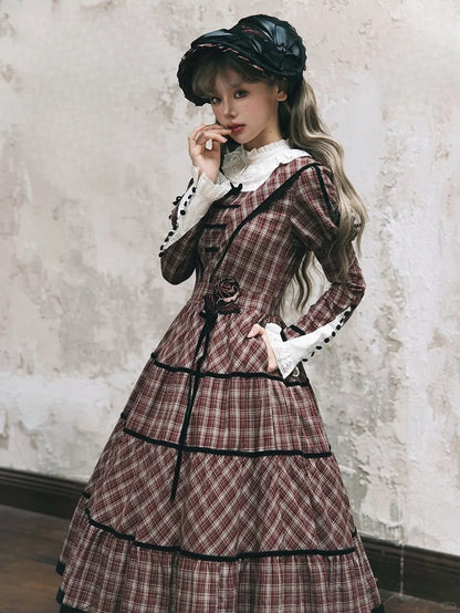 Neckline with Lace Black Long Classic Plaid Sleeves Lolita Dress Elegant Red and Piping