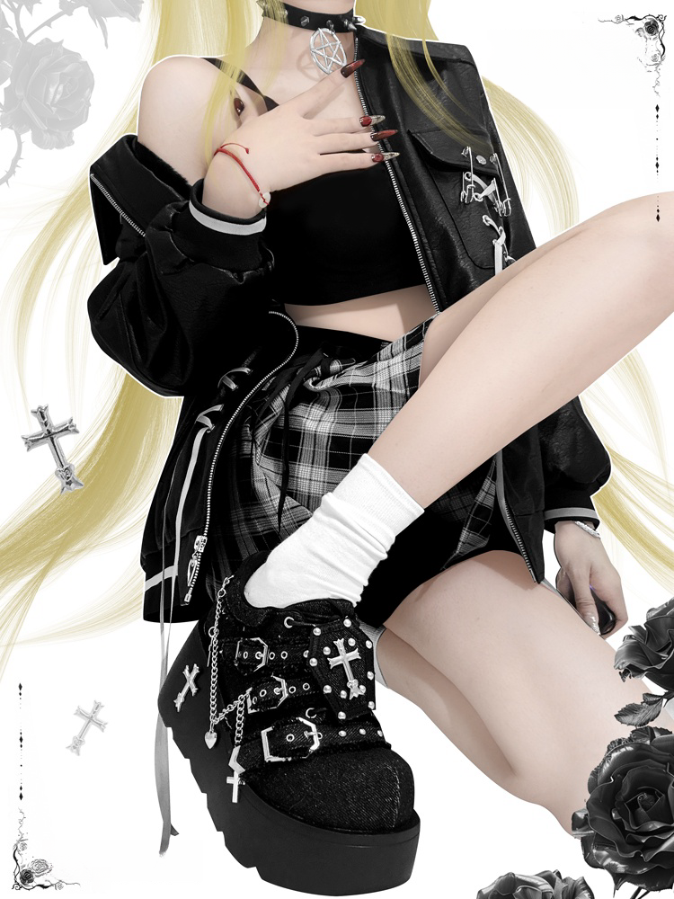 with Black Gothic Platform Chain Decoration Punk Heel Chunky Studded 7cm Sneakers Cross