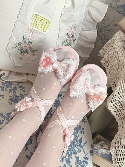 Pink Lolita Kawaii Sandals with Flower Bow Low Heel - Sheep Puff