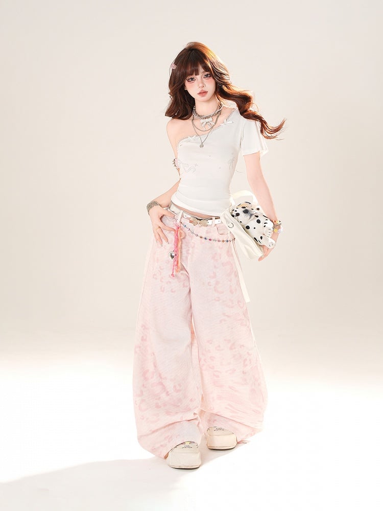 Rosa Jeans mit Leopardenmuster und weitem Bein und niedriger Taille von Gyaru