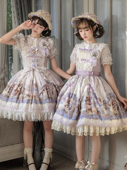 Cute Bear & Flower Pattern Sweet Purple Lolita JSK Gown - Stars Fall on the Foggy Island