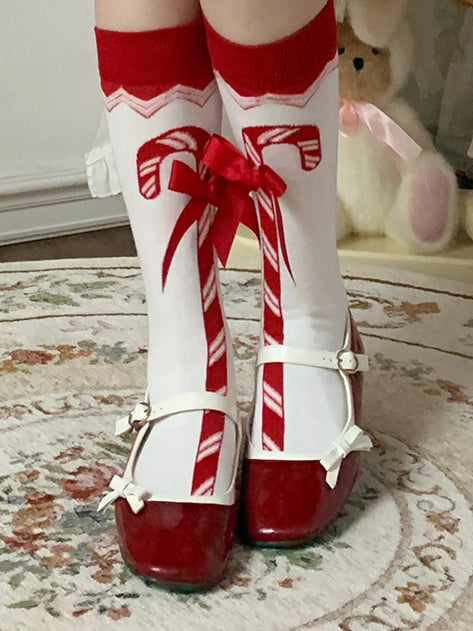 Christmas Red Candy Cane Bowknot Calf Socks