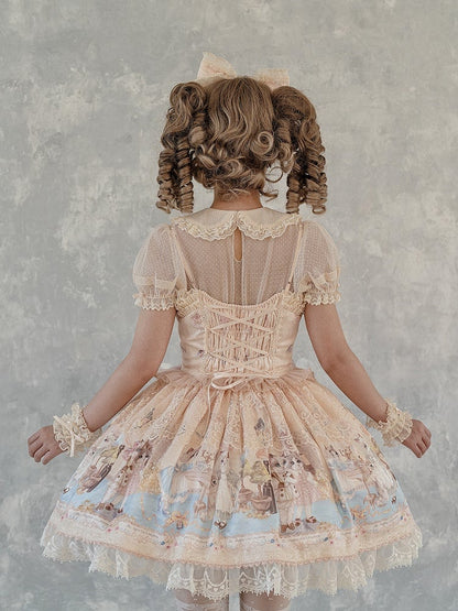 Korsett Beige JSK Süßes Set Party Volldruckkleid Kitty Mieder Lolita Tee