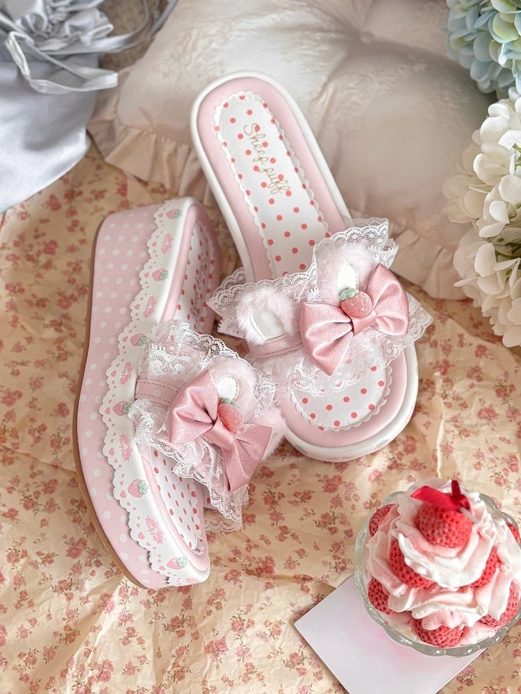 Sweet Accents Lolita Bunny Bow Pink Plush Slippers Ear Trim Platform Lace