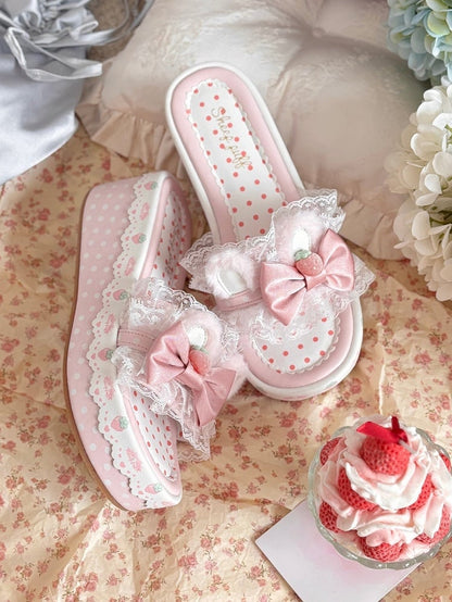 Slippers Pink Trim Platform Sweet Lace Bunny Ear Accents Lolita Plush Bow