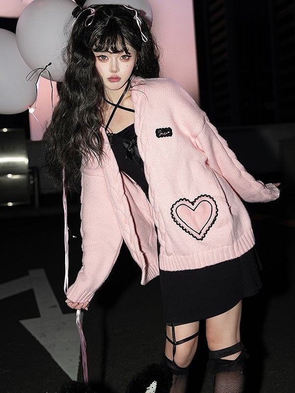 Heart-Shaped Pink and Knitted Cardigan Braided with Details Loita Patches