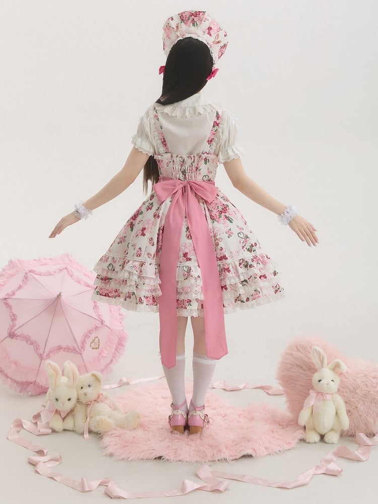 Sweet Teddy White Bear Pink Trim Print Accents Lolita Dress Bow Floral with Lace and