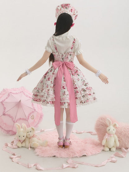 Sweet Teddy White Bear Pink Trim Print Accents Lolita Dress Bow Floral with Lace and