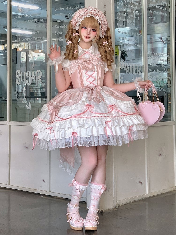 Bows Tiered Decorated Sweet Skirt and Chain Bead Pink White