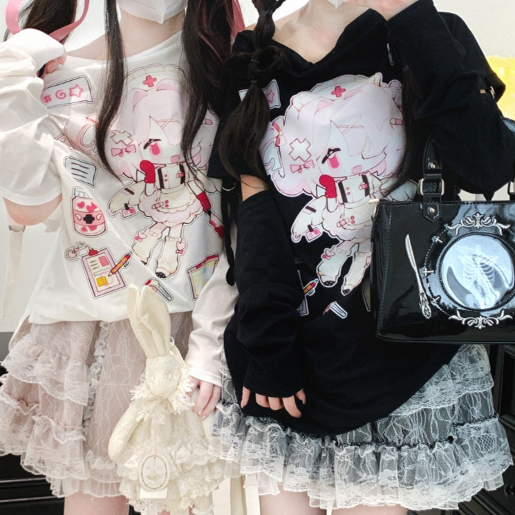 Black/White Yami Kawaii Cartoon Print Patchwork Sleeves Jirai Kei Top