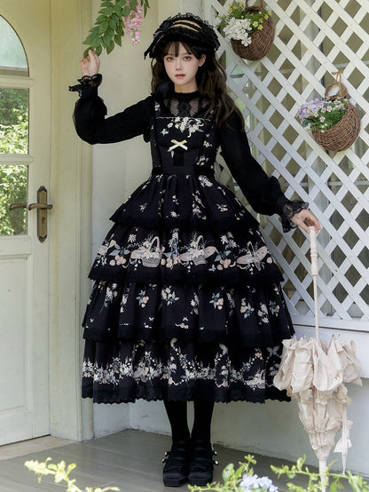 Skirt Classic and Lolita Tiered Jumper Print Floral Lily Dress Cherry Black
