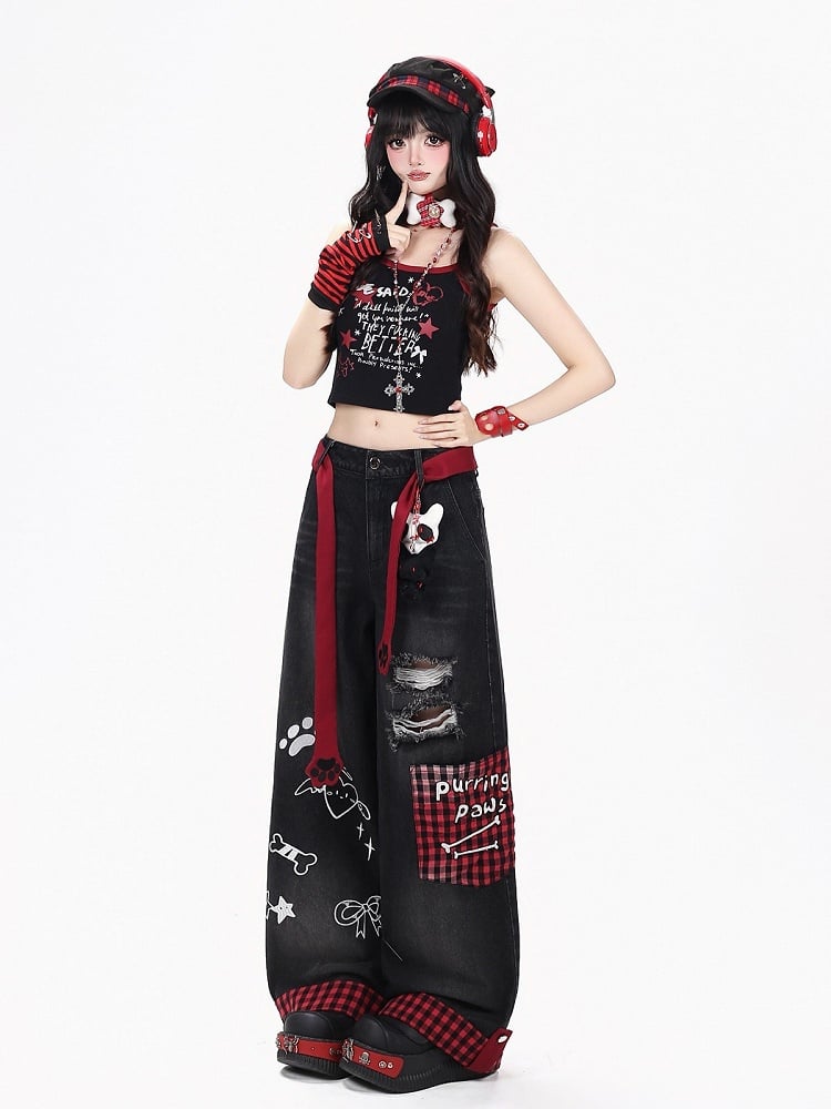 Distressed Straight-Leg Plaid Jeans with Embroidery and Belt - CRAZY GIRL
