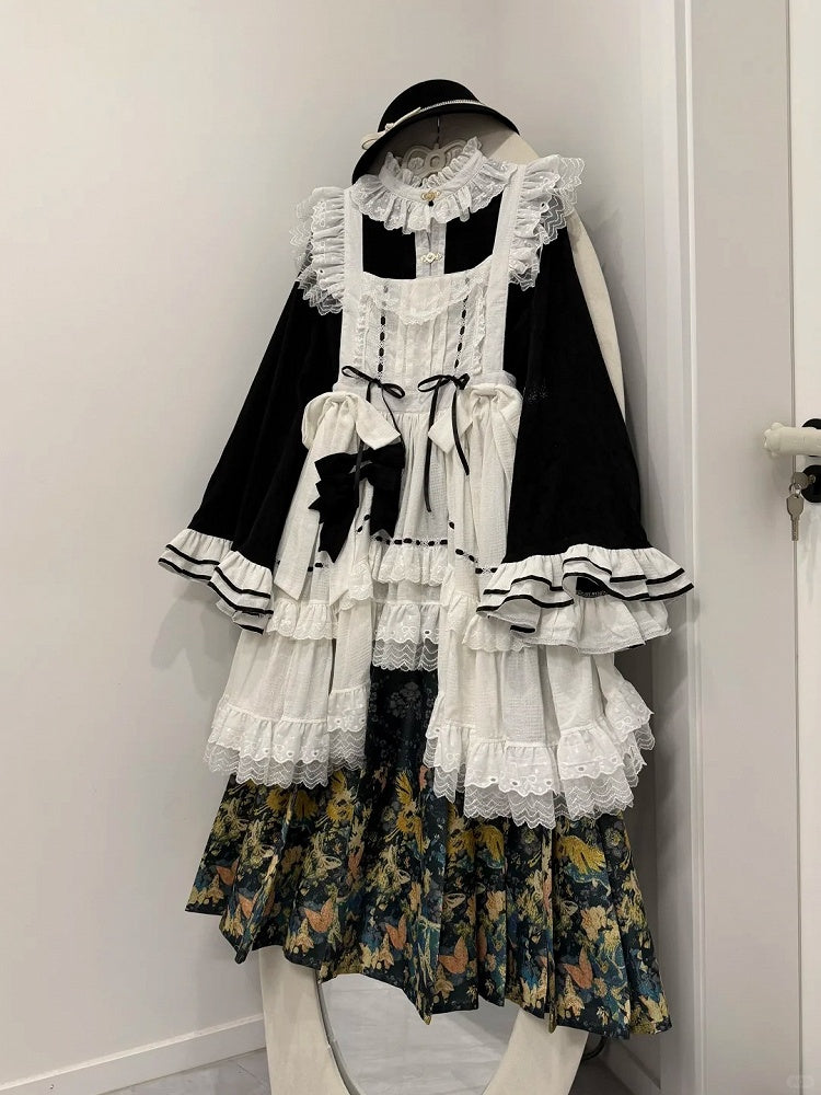 White Bell Bonnet Black Han Floral Apron Horse-face Sleeves Print Top Lolita + Skirt Set