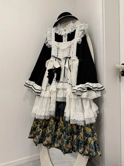 White Bell Bonnet Black Han Floral Apron Horse-face Sleeves Print Top Lolita + Skirt Set