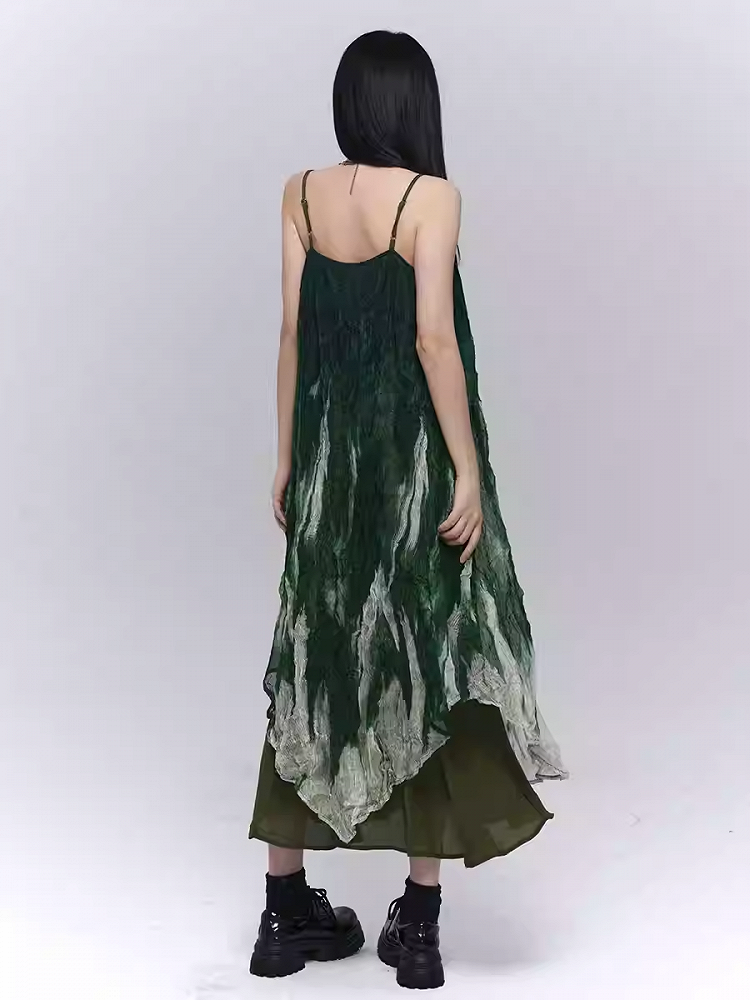 Gradient Green Asymmetrical Hem Ruffled Spaghetti Strap Dress