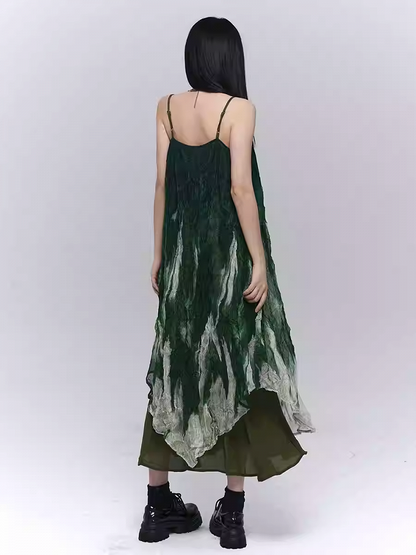 Gradient Green Asymmetrical Hem Ruffled Spaghetti Strap Dress