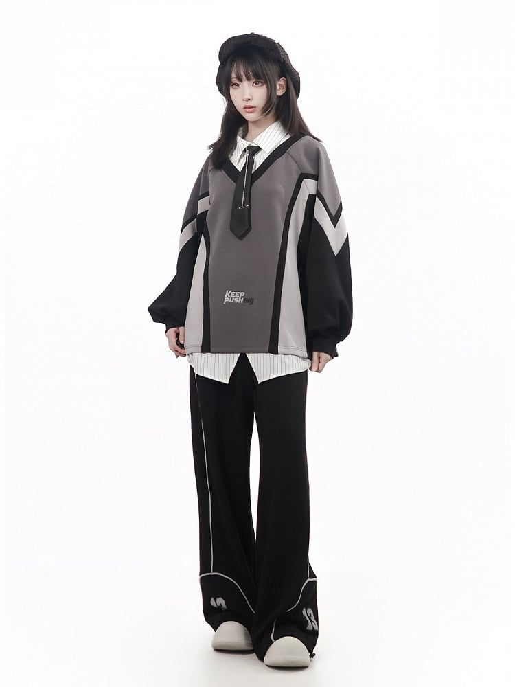 Kawaii Grey Faux Two-Piece Collar Long Sleeve Sweatshirt - PINK SAVIOR