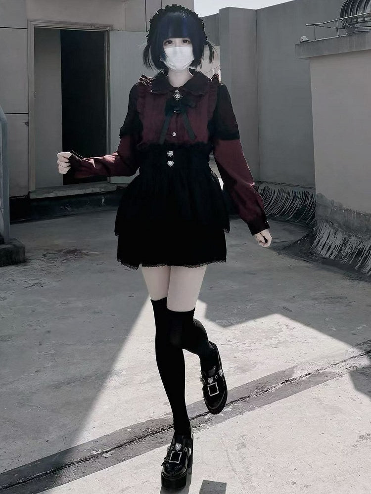 プリーツ衣装 - 黒シャツ ジライケイ スカート 赤 + 詳細 ティアード