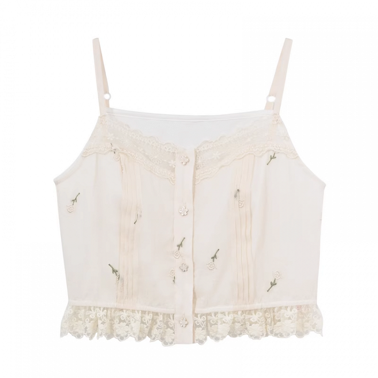 Kei Buttons ベージュ フローラル刺繍 レーストリム フローラル モリ キャミトップ