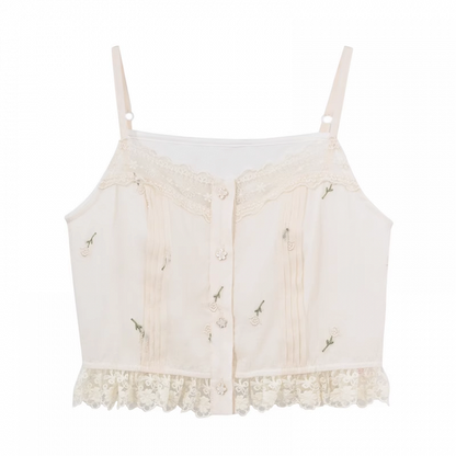 Kei Buttons ベージュ フローラル刺繍 レーストリム フローラル モリ キャミトップ