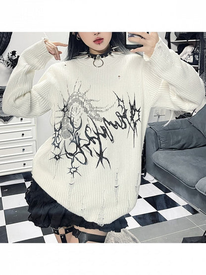 White Centipede Print Distressed Sweater - Alita26SS
