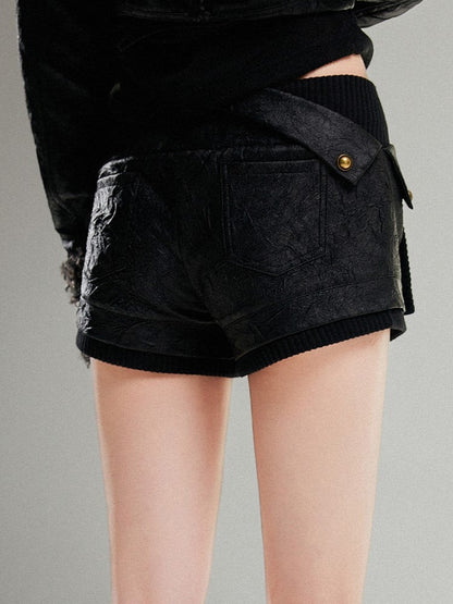 Vinatge Studs PU Strap Shorts Punk Textured with Metal Low-Rise Black Triple