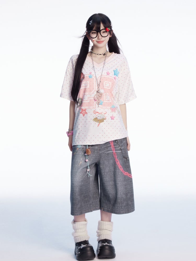 ウエストチェーンプリント フェードウォッシュ ワイドレッグジーンズ グレー ロー