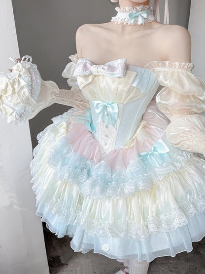 Süßes Lolita-Ballettkleid, blauer gestufter rosa Rock, gelbe Korsett-Taille