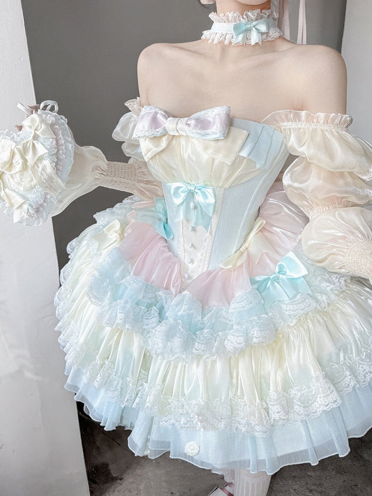 Süßes Lolita-Ballettkleid, blauer gestufter rosa Rock, gelbe Korsett-Taille