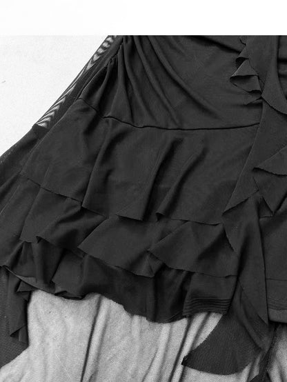 High-low Edge Glamorous Black Design Bittersweet Double Cami Ruffle Dress Detail