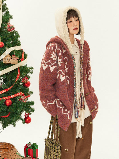 Button Drawstring Pattern Sweater - Toggle Retro Vintage Hood Accents