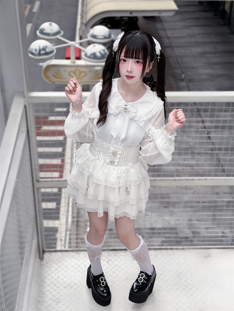 Style Design with Bow Landmine Long-Sleeve White Blouse Tie Cape Lace